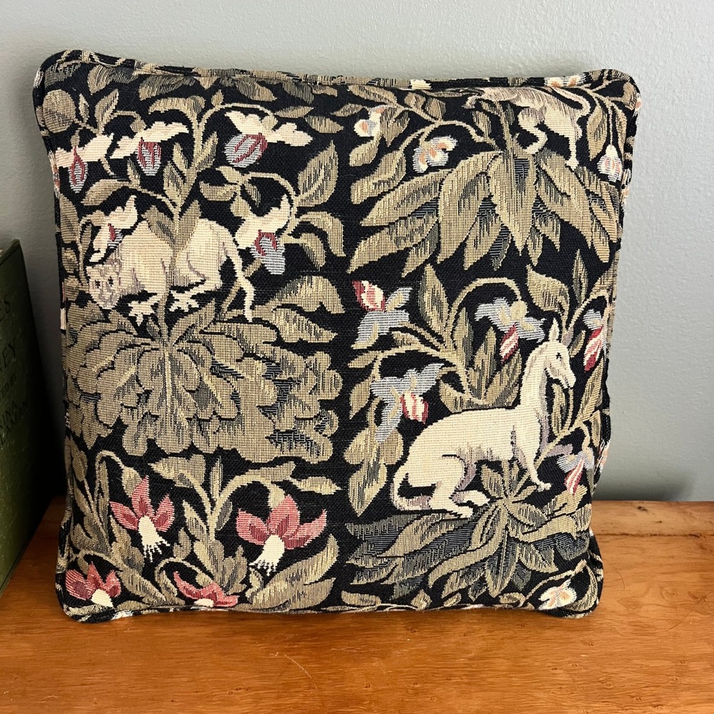 Gothic Medieval Tapestry Pillow 14x14 Woven Mythical Creature Floral Decor